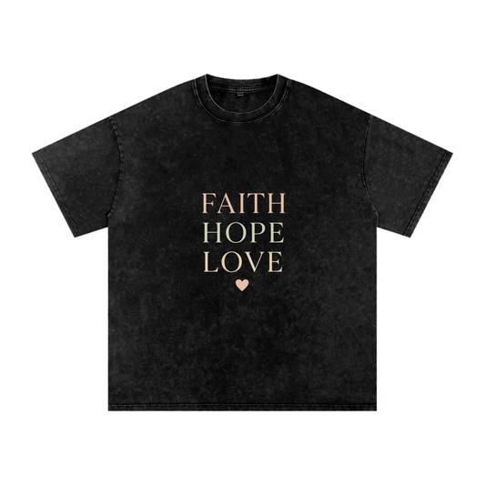 Faith Hope Love – Minimalist Scripture-Inspired T-Shirt - Acid Wash Oversize T-Shirt